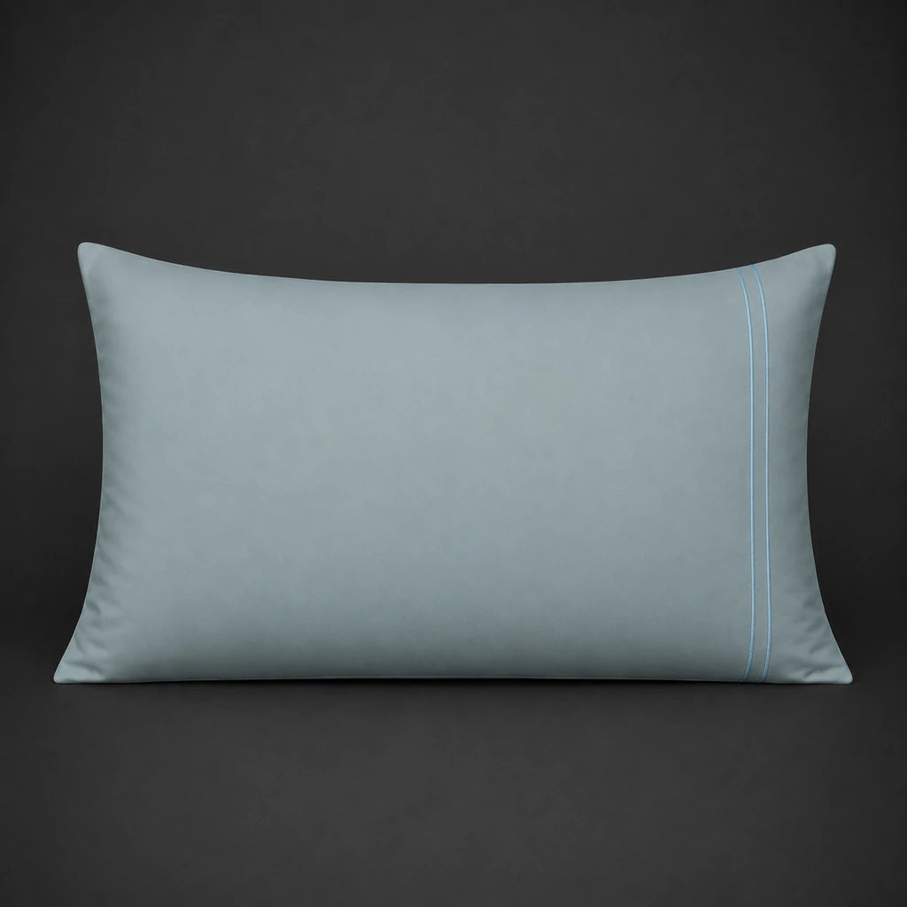 Duck Egg plain 200TC polycotton percale pillowcase for Standard and King sizes with two row duck egg satin stitch border by Linen and Co