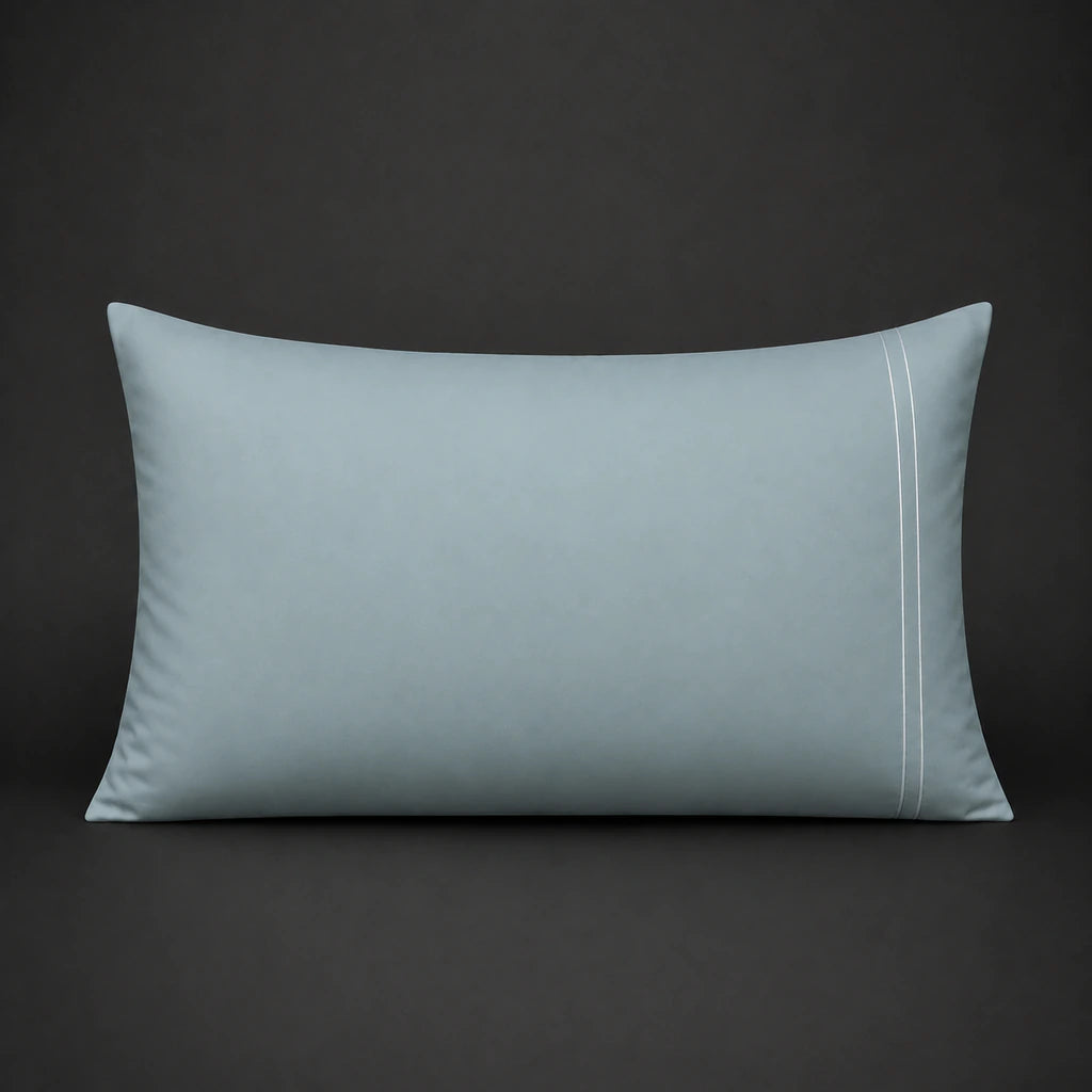 Duck Egg plain 200TC 100% cotton percale pillowcase for Standard and King sizes with two row white satin stitch border by Linen and Co