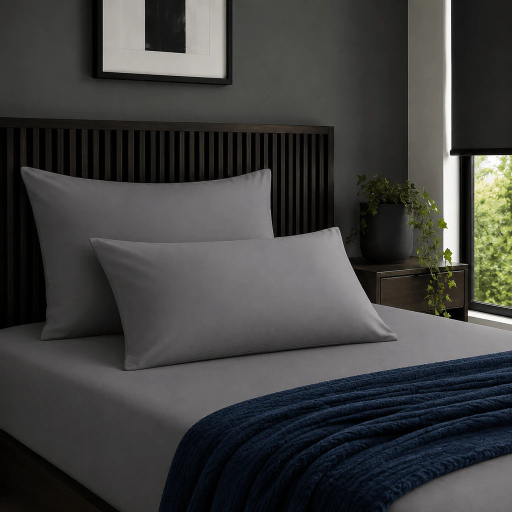 Plain grey 200TC 100% cotton percale pillowcases with no satin stitch border by Linen and Co