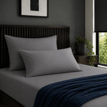 Plain grey 200TC 100% cotton percale pillowcases with no satin stitch border by Linen and Co