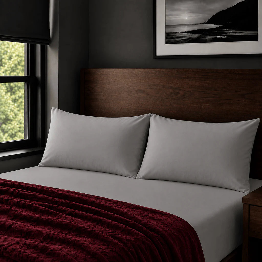 Plain grey 200TC polycotton percale pillowcases with no satin stitch border by Linen and Co