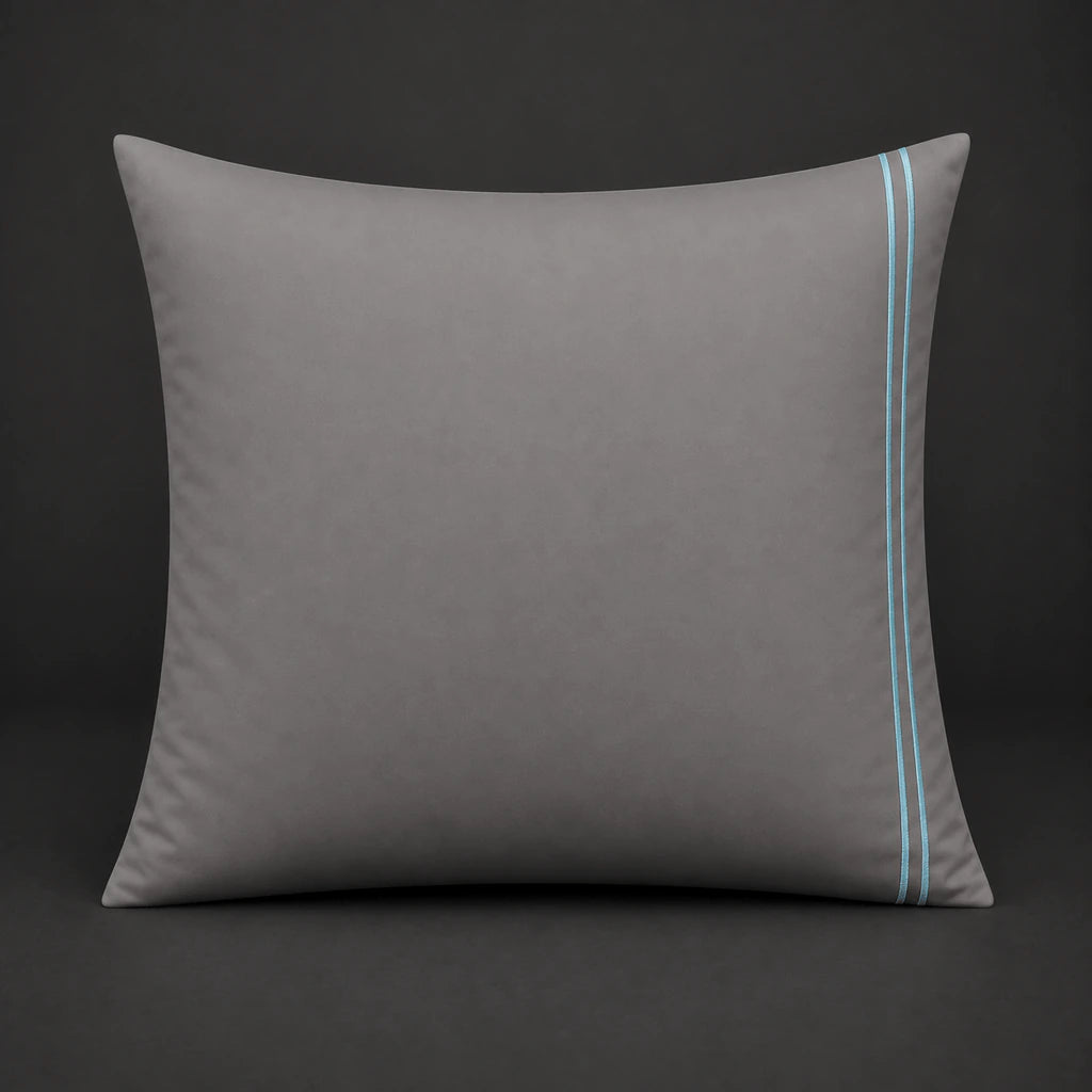 Grey plain 200TC polycotton percale continental pillowcase with two row duck egg satin stitch border by Linen and Co