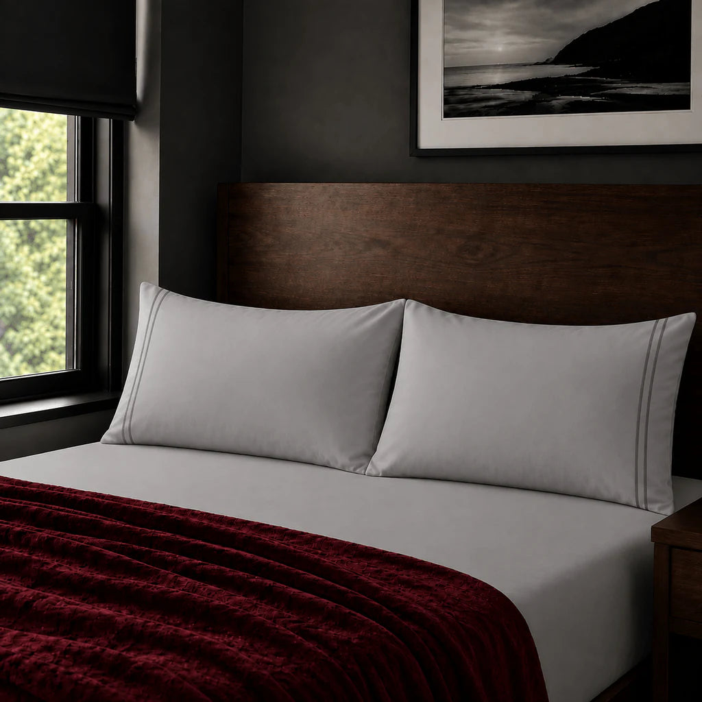 Plain grey 200TC polycotton percale pillowcases with two row grey satin stitch border by Linen and Co