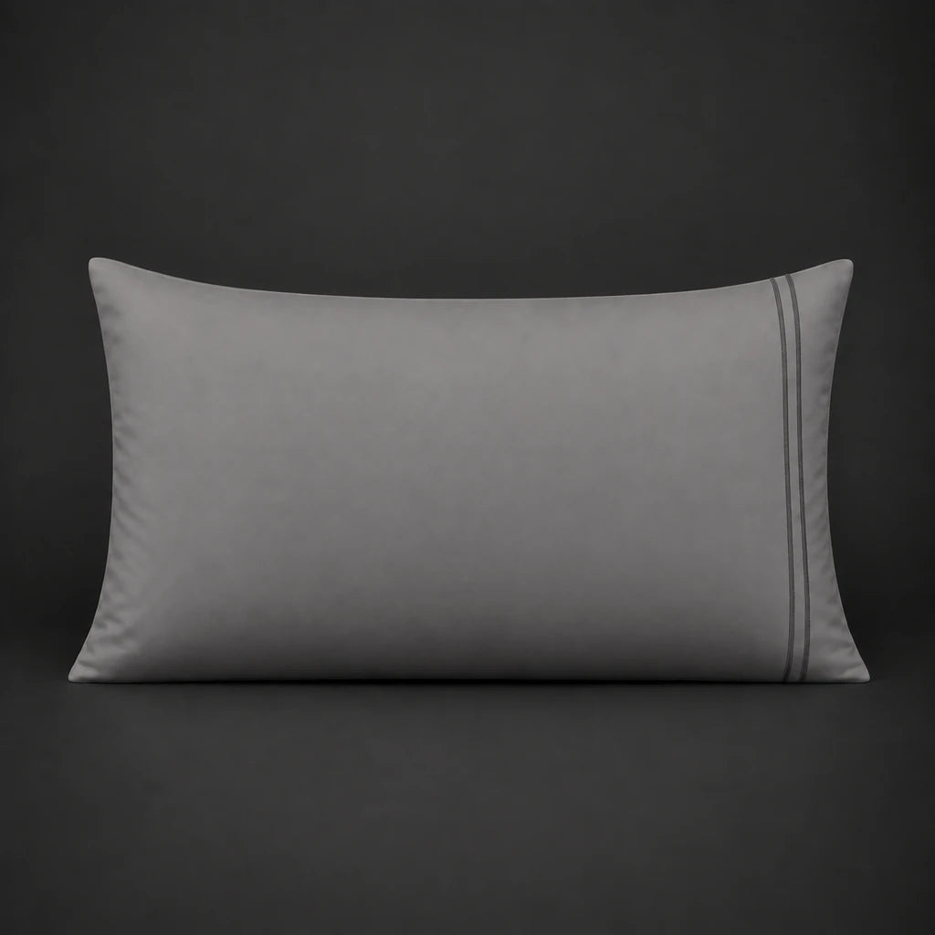 Grey plain 200TC polycotton percale pillowcase for Standard and King sizes with two row grey satin stitch border by Linen and Co