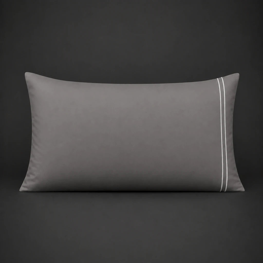 Grey plain 200TC polycotton percale pillowcase for Standard and King sizes with two row white satin stitch border by Linen and Co
