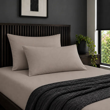 Plain stone 200TC 100% cotton percale pillowcases with no satin stitch border by Linen and Co