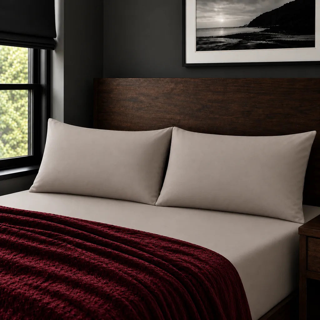 Plain stone 200TC polycotton percale pillowcases with no satin stitch border by Linen and Co