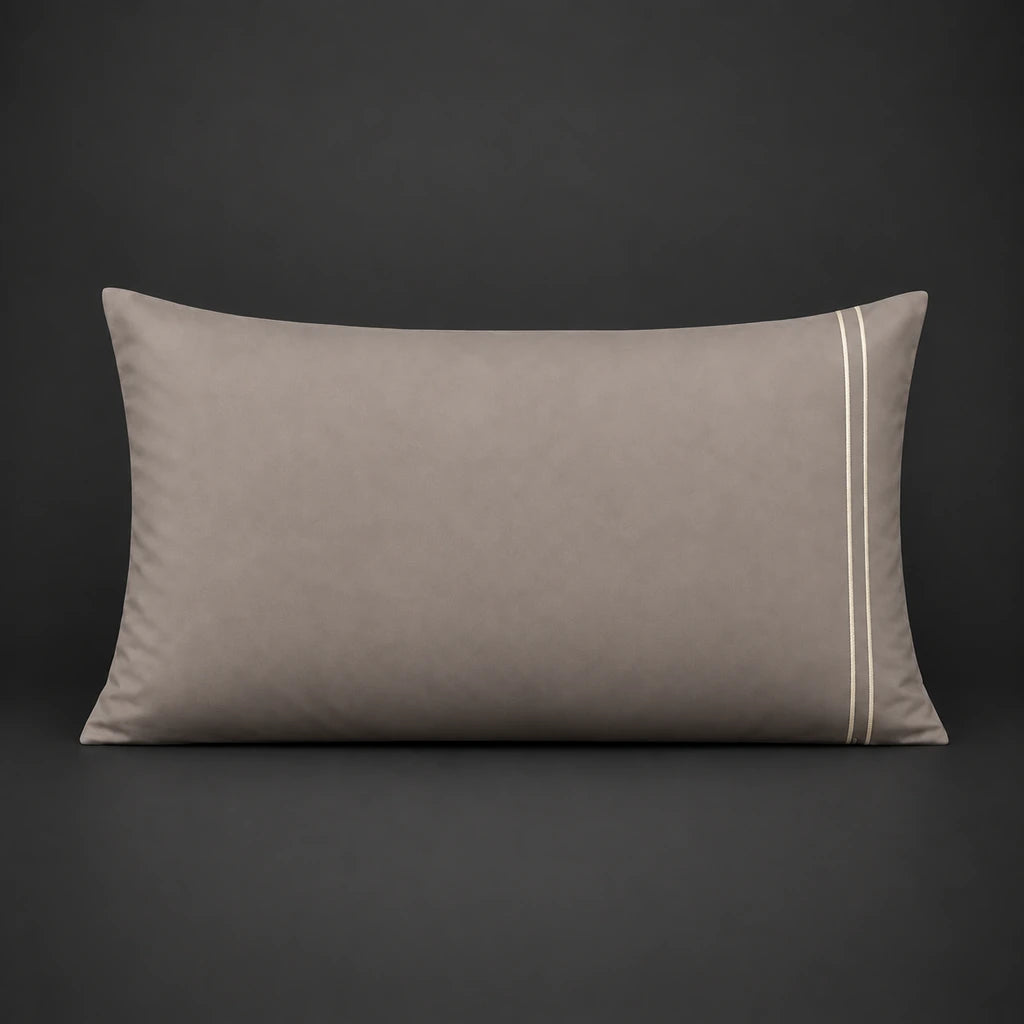Stone plain 200TC 100% cotton percale pillowcase for Standard and King sizes with two row cream satin stitch border by Linen and Co