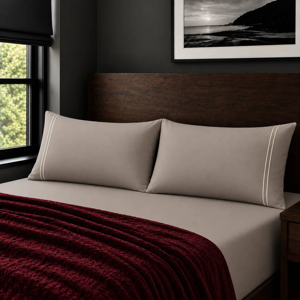 Plain stone 200TC polycotton percale pillowcases with two row cream satin stitch border by Linen and Co