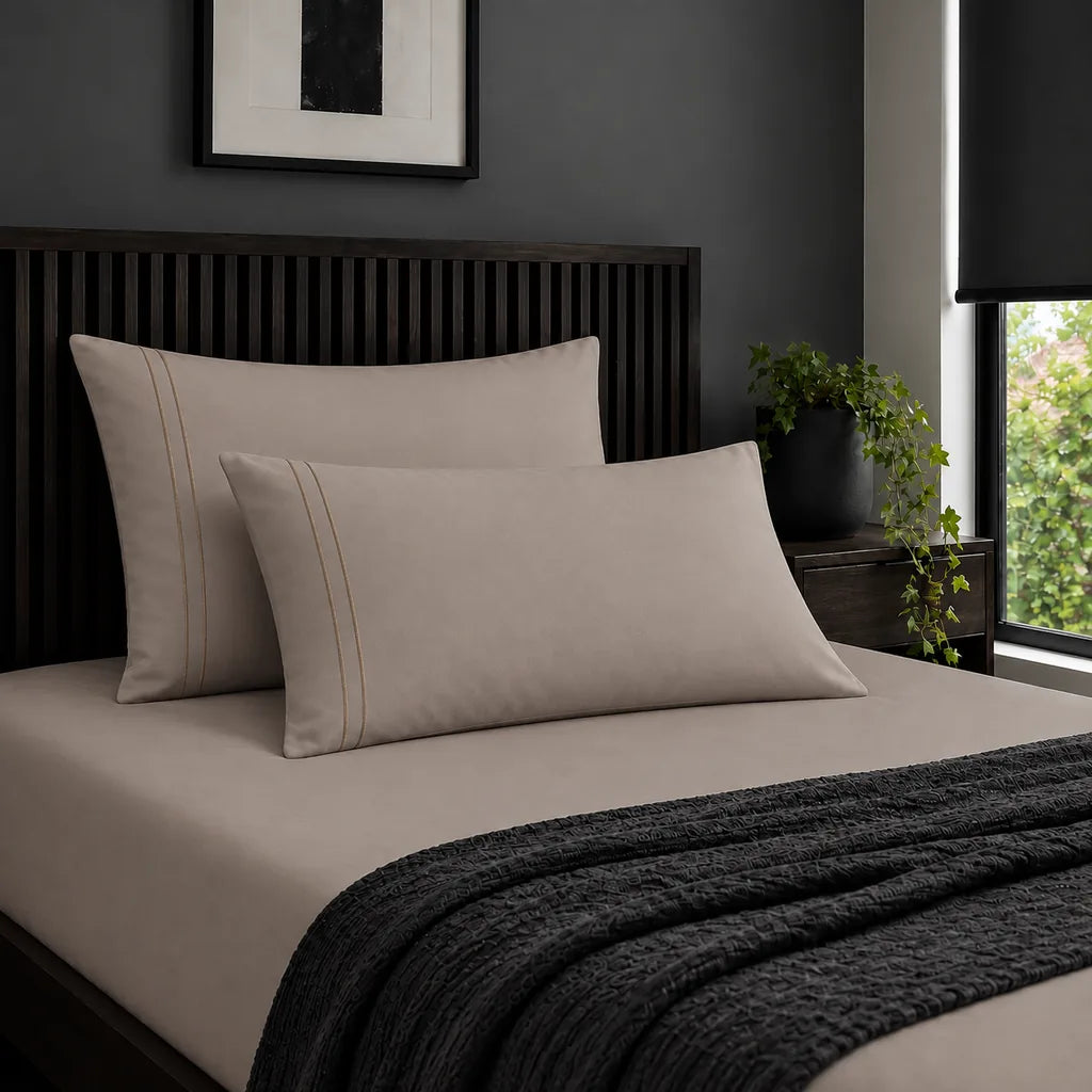 Plain stone 200TC 100% cotton percale pillowcases with two row stone satin stitch border by Linen and Co