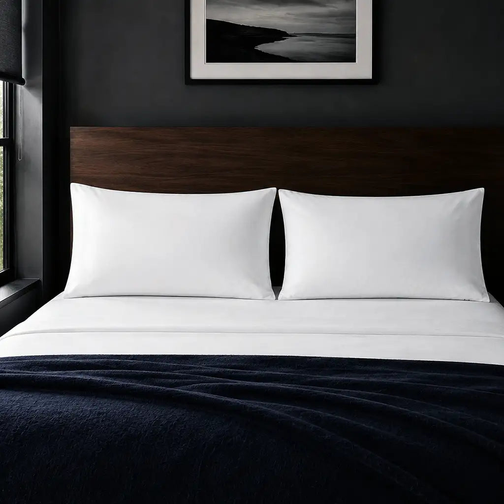 Plain white 300TC 100% cotton percale pillowcases with no satin stitch border by Linen and Co
