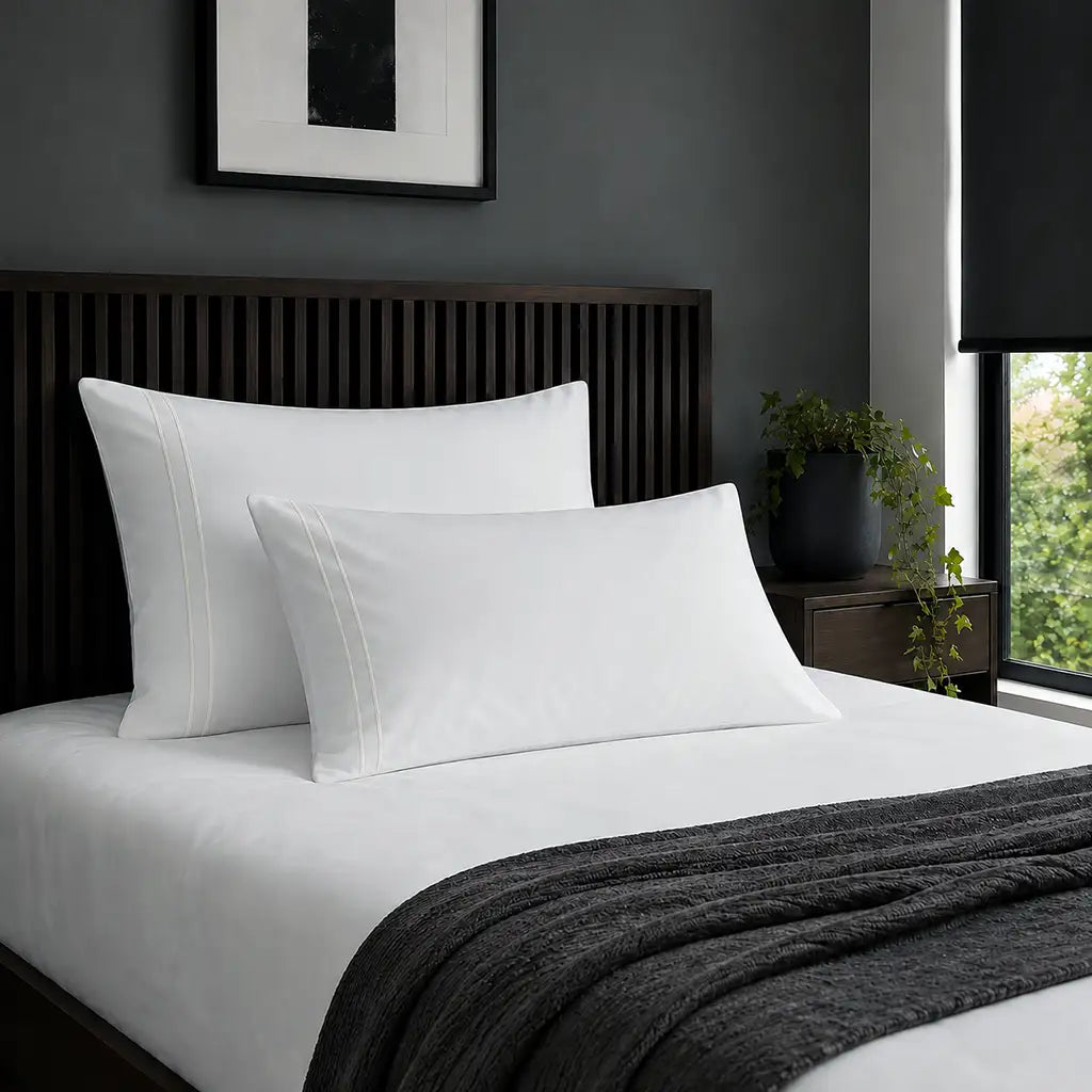 Plain white 200TC 100% cotton percale pillowcases with two row cream satin stitch border by Linen and Co