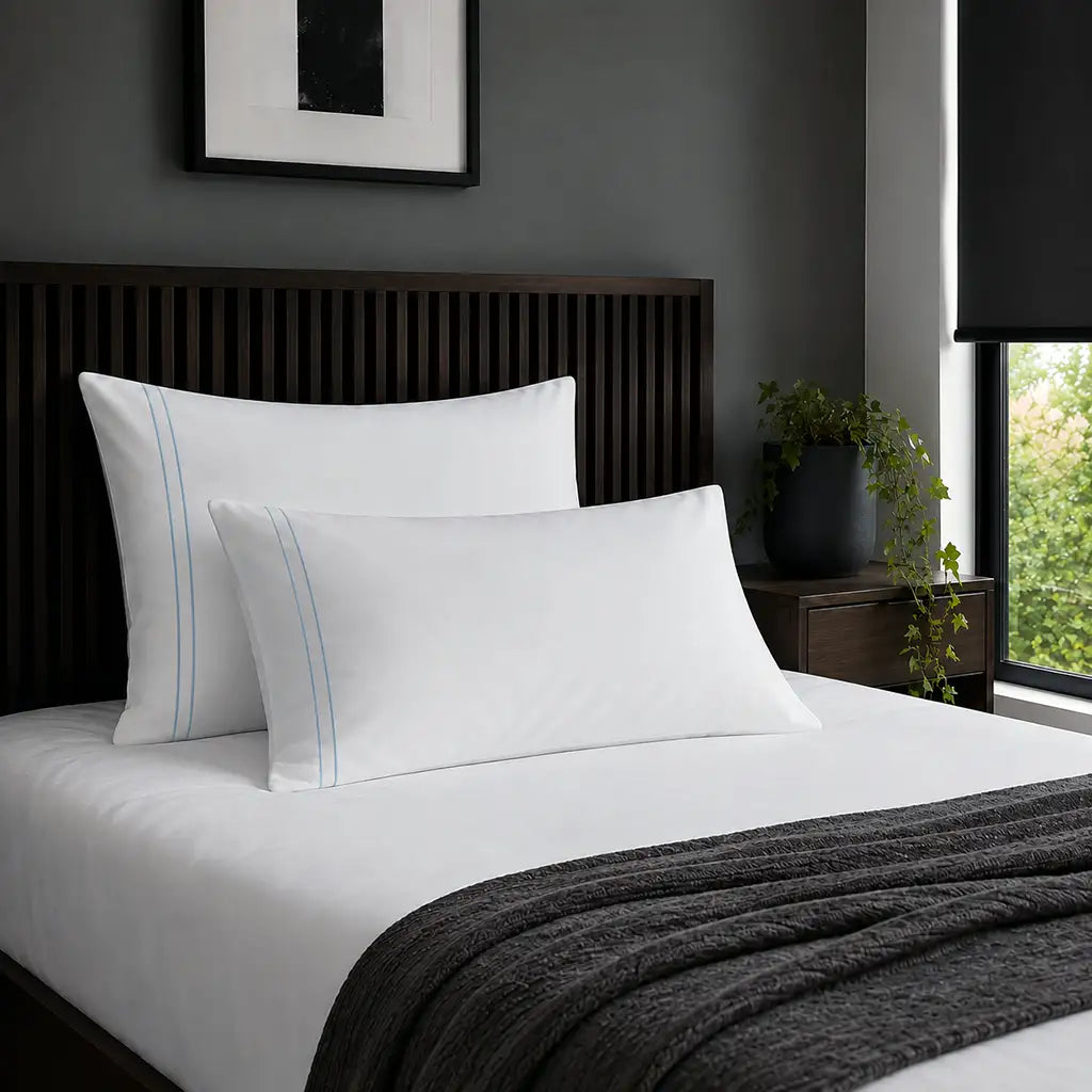 Plain white 200TC 100% cotton percale pillowcases with two row duck egg satin stitch border by Linen and Co
