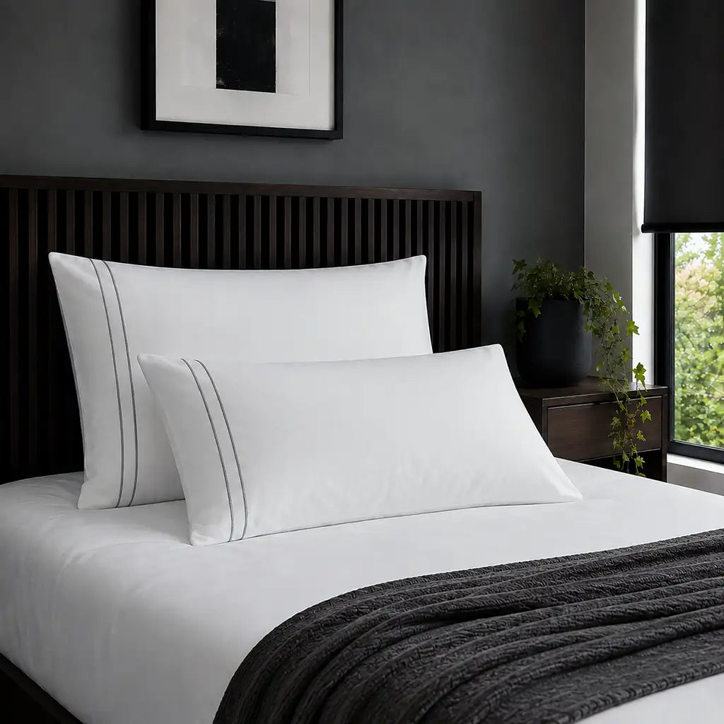 Plain white 200TC 100% cotton percale pillowcases with two row grey satin stitch border by Linen and Co