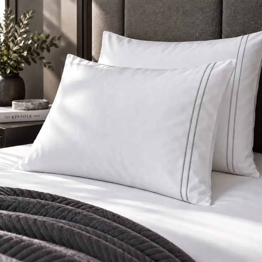 Plain white 200TC polycotton percale pillowcases with two row grey satin stitch border by Linen and Co