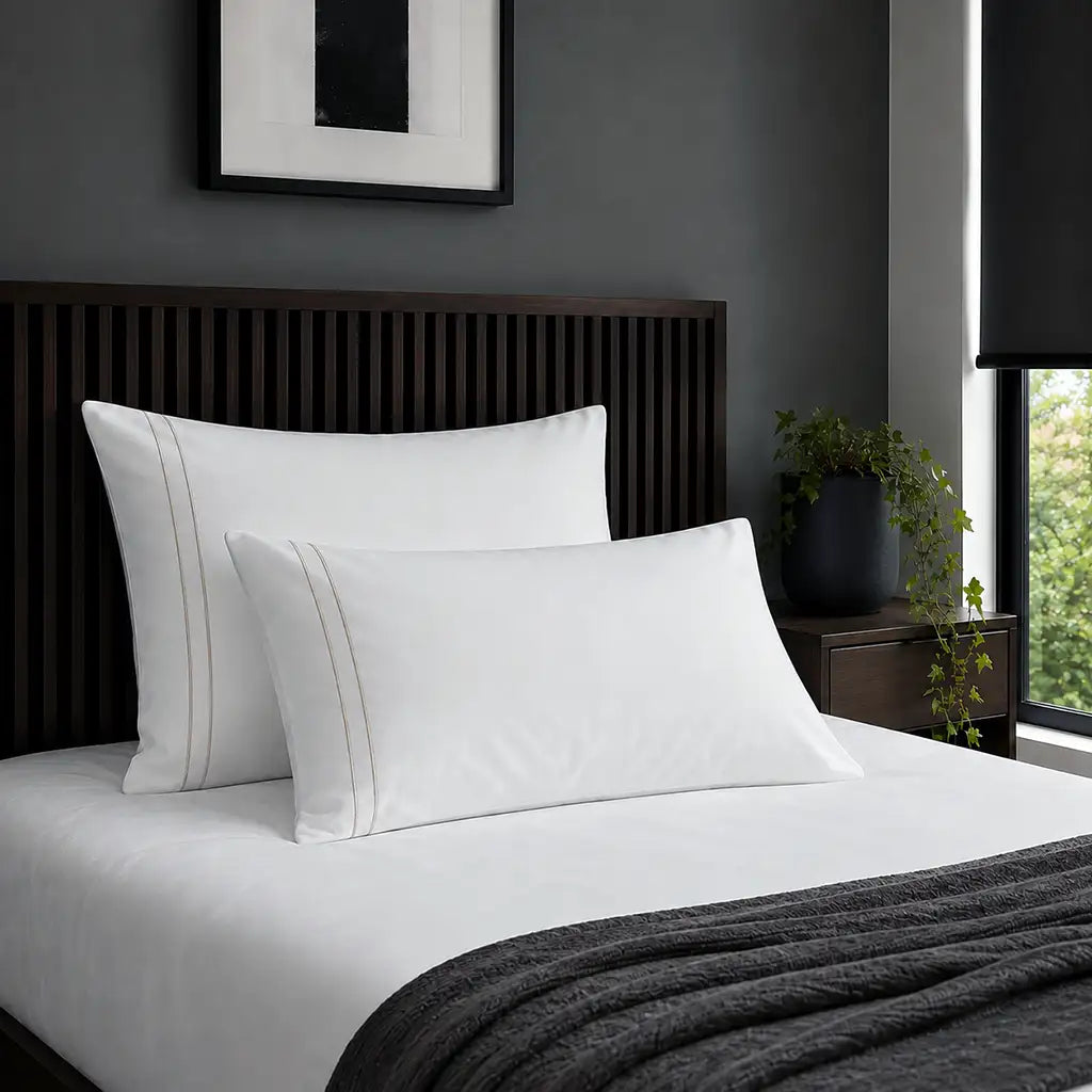 Plain white 200TC 100% cotton percale pillowcases with two row stone satin stitch border by Linen and Co