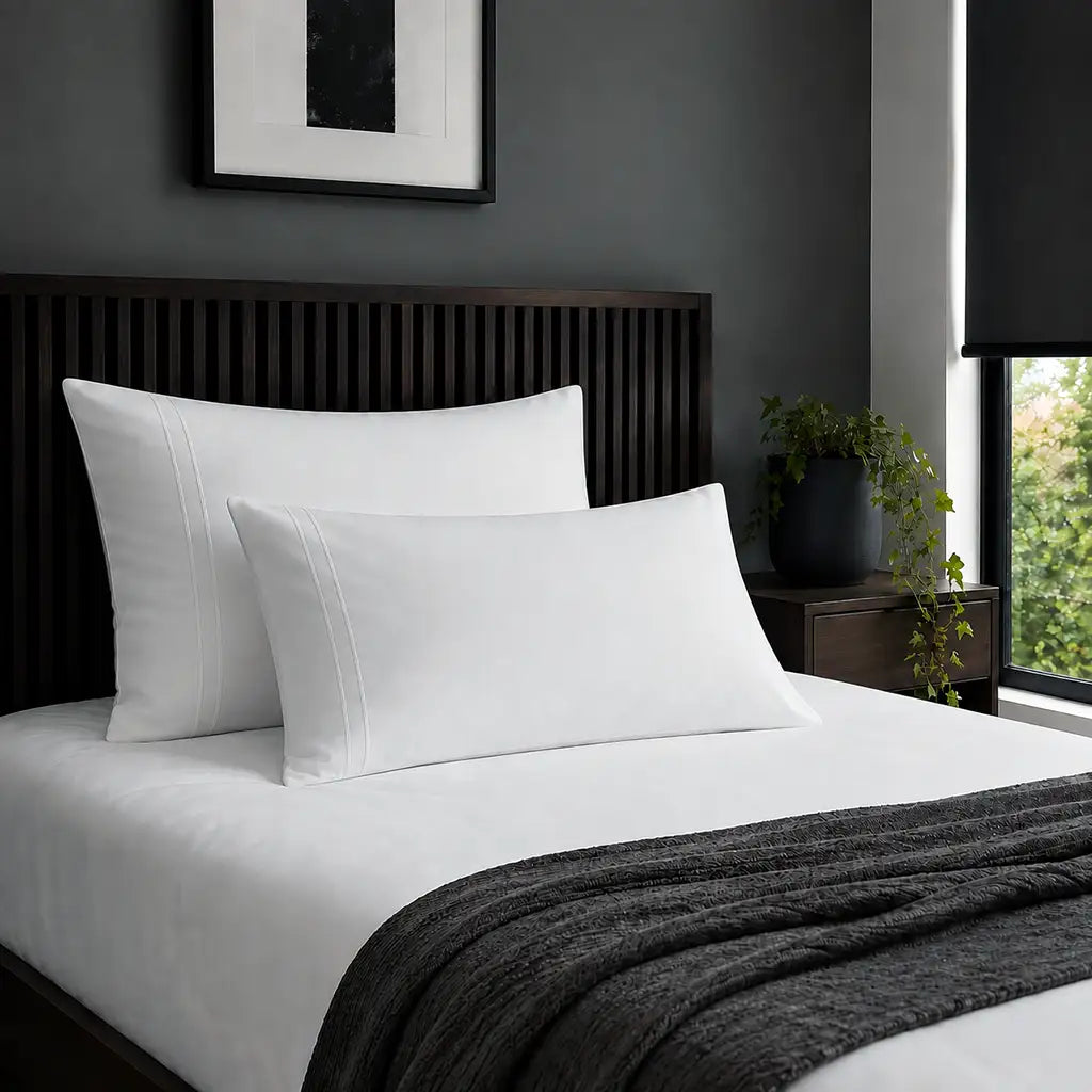 Plain white 200TC 100% cotton percale pillowcases with two row white satin stitch border by Linen and Co