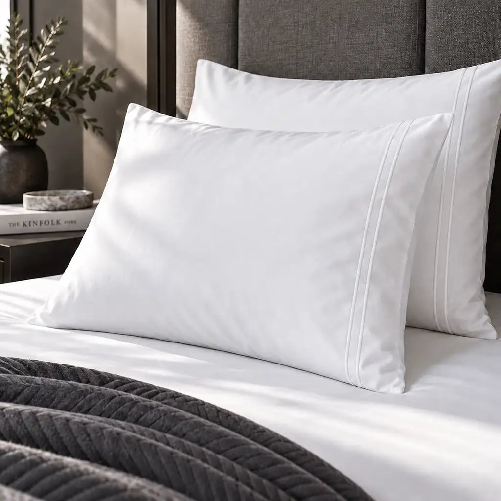 Plain white 200TC polycotton percale pillowcases with two row white satin stitch border by Linen and Co