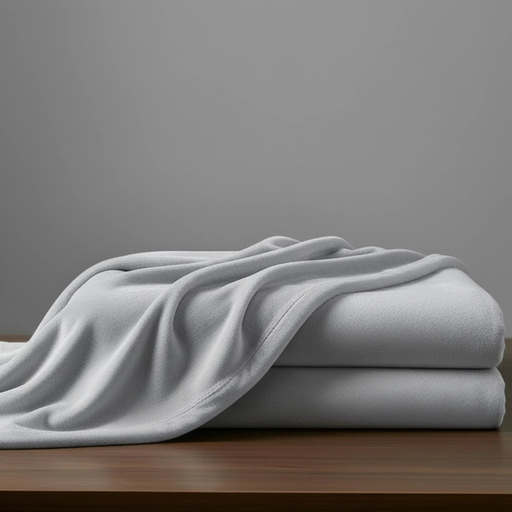 Platinum microfibre blanket by Linen and Co, neatly folded to showcase soft, plush texture for hospitality and home.