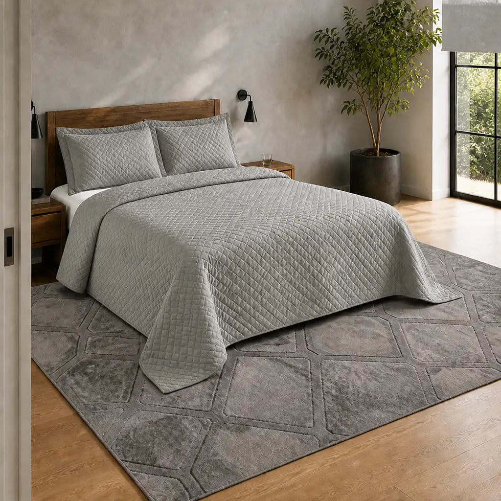 Platinum Stanford Quilted Bedspread Set - Hero room view by Linen and Co