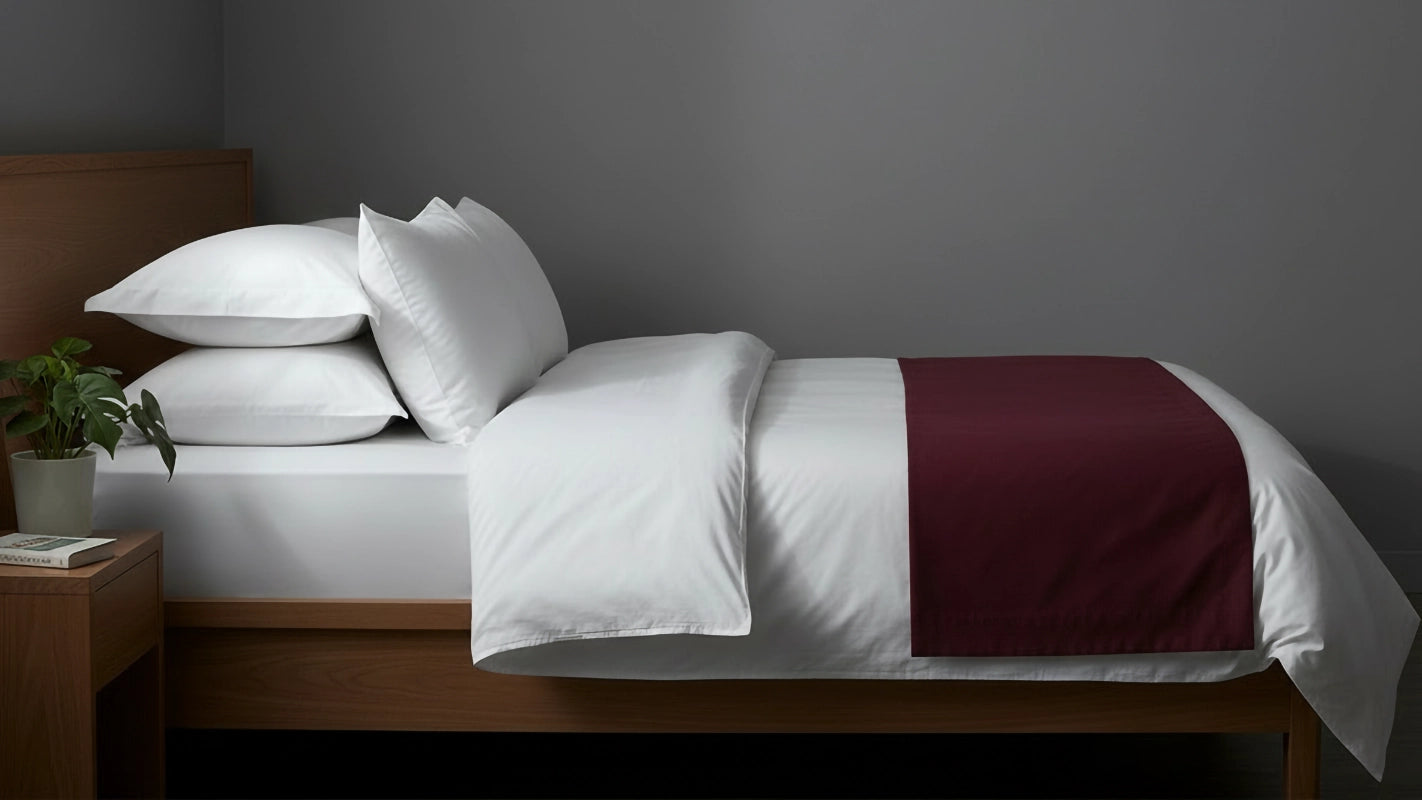 Polycotton percale white bed linen styled on bed by Linen and Co - crisp easy-care hospitality bedding 