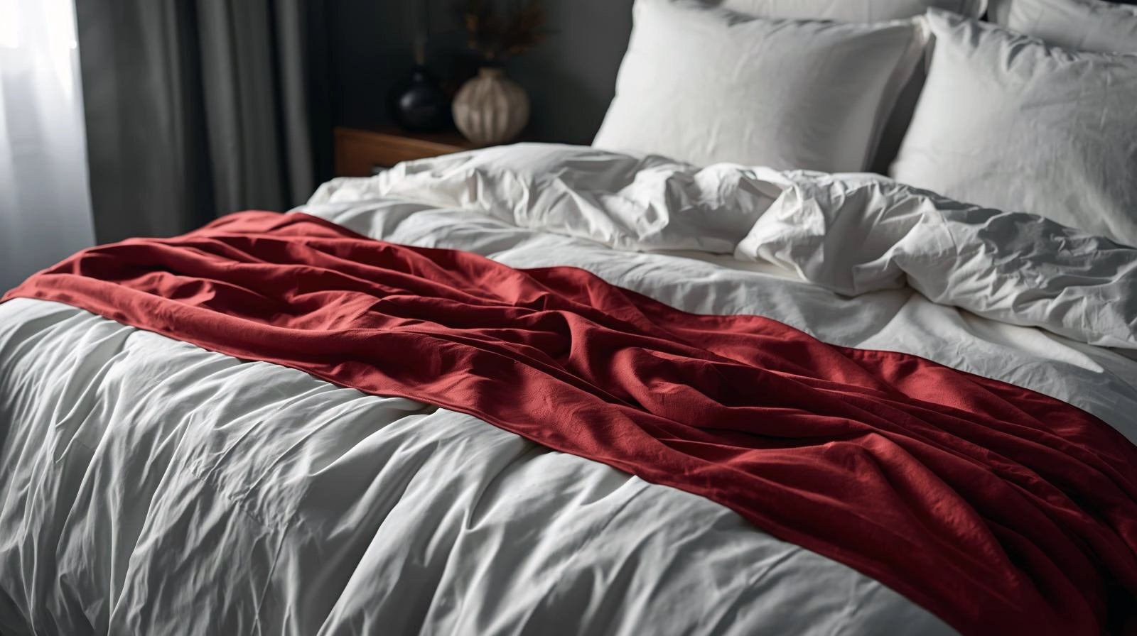 Premium hospitality bed linen by Linen and Co, featuring crisp white sheets and red bed runner on a modern bed, showcasing luxury bedding for hotels and homes.