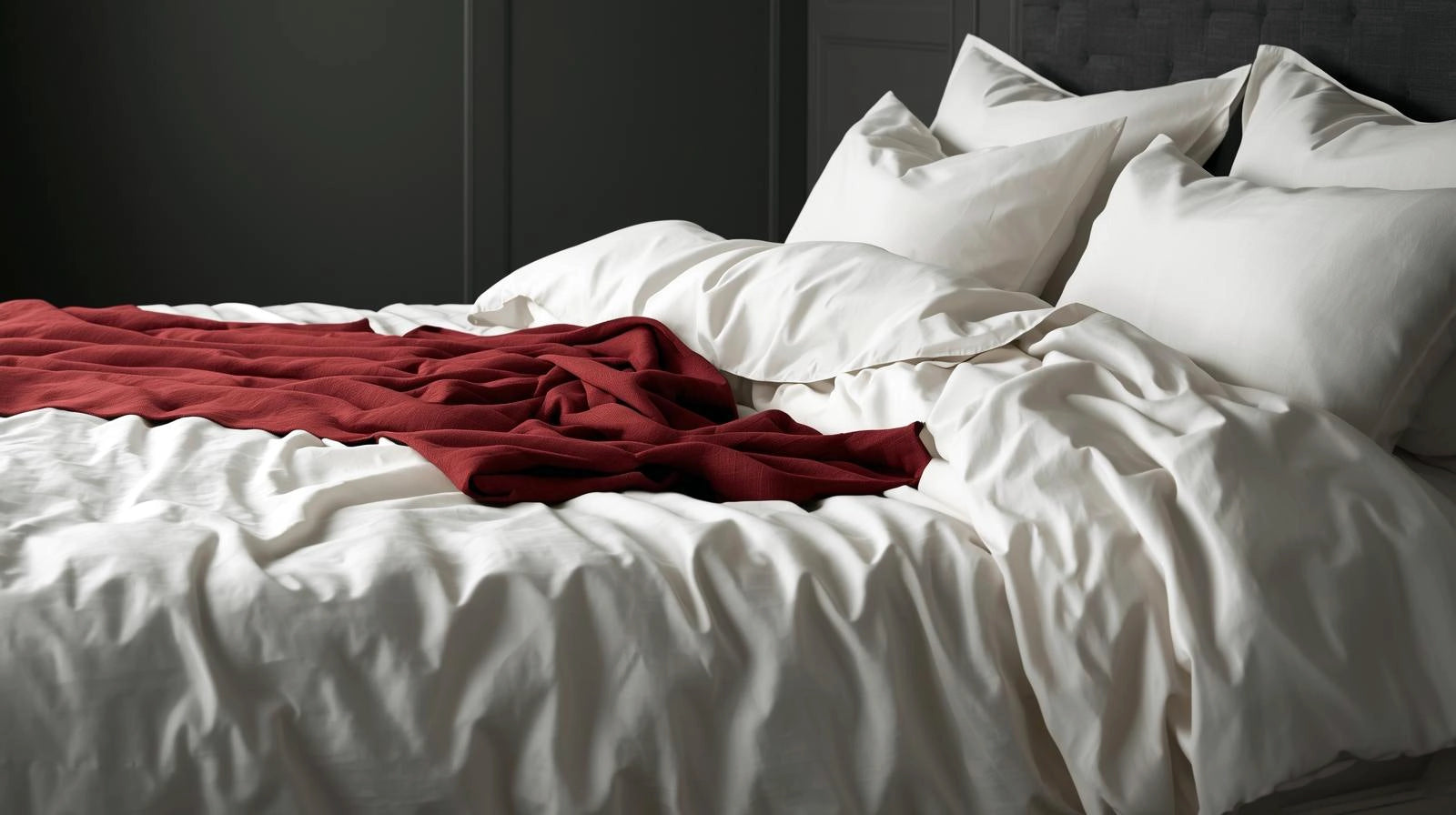 Premium hospitality bed linen by Linen and Co, featuring crisp white sheets and red bed runner on a modern bed, showcasing luxury bedding for hotels and homes.