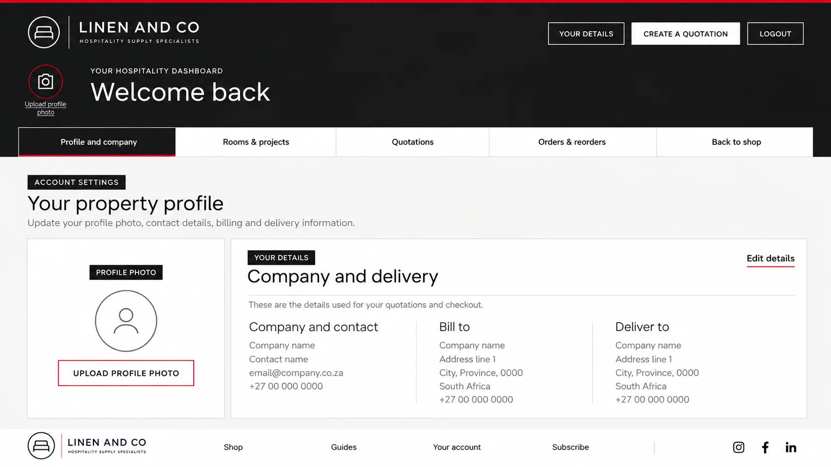 Linen and Co Hospitality account profile and company details dashboard