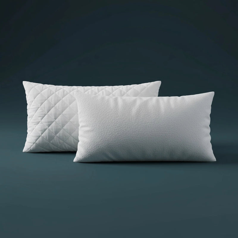White quilted and towelling wetsafe pillow protectors on moody teal background - Linen and Co waterproof breathable mattress and pillow protectors