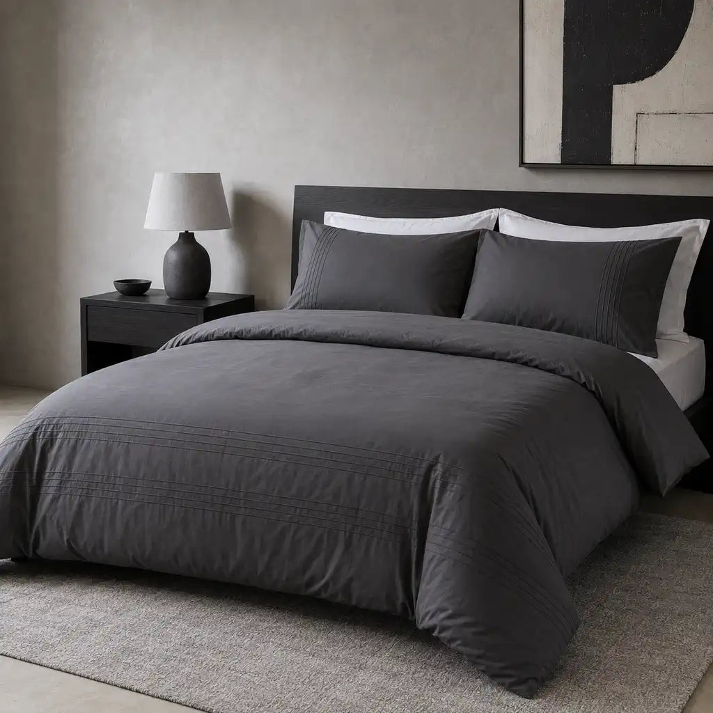 Charcoal cotton pintuck duvet cover set styled on a bed
