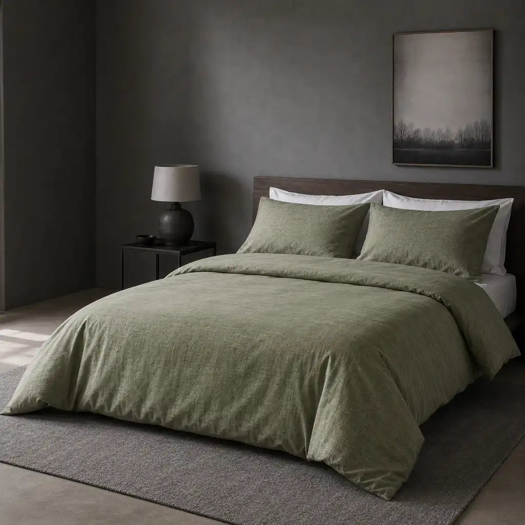 Summer Sage cotton duvet cover set styled on a bed