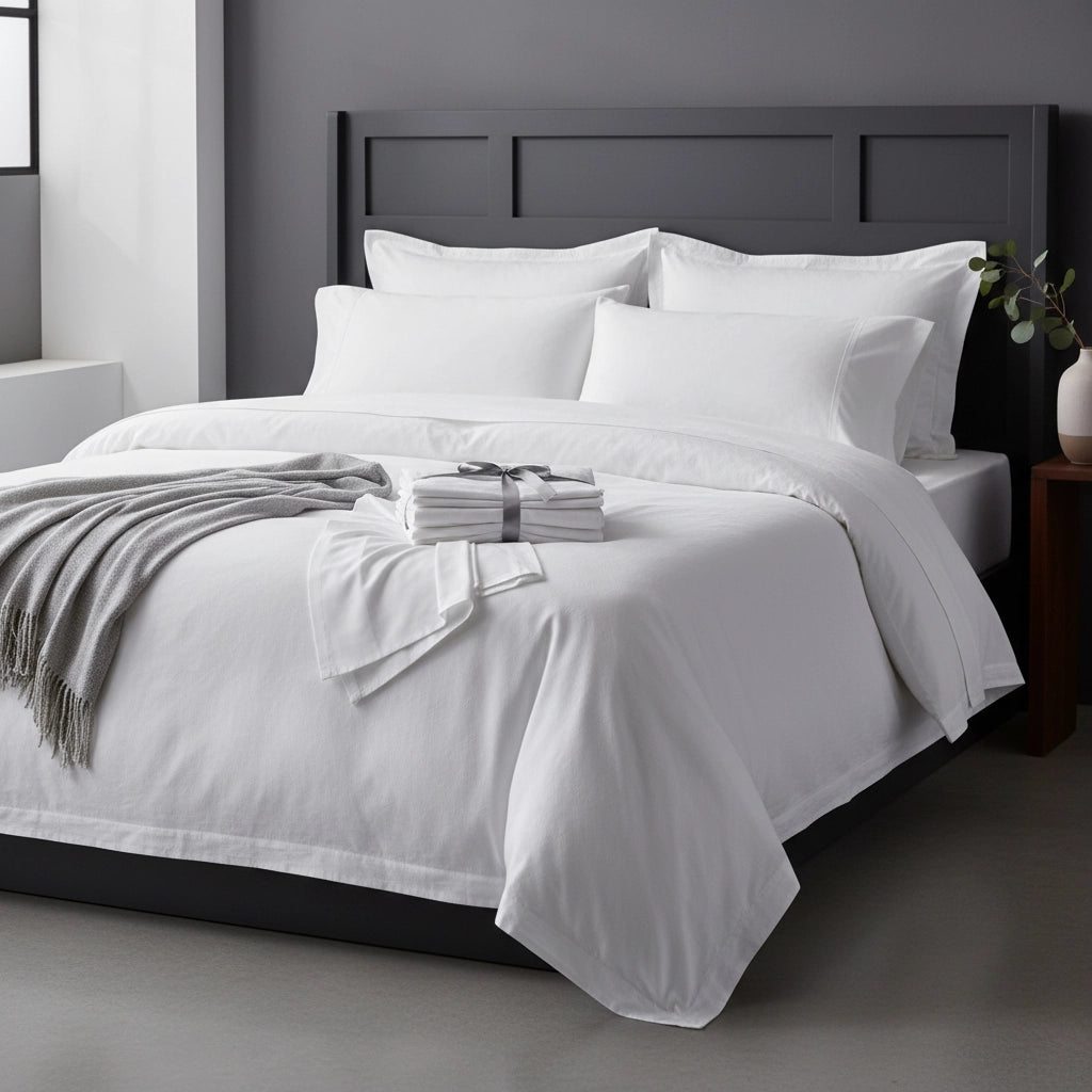 Premium white bed linen set with duvet cover and pillows on modern bed by Linen and Co - luxury bedding display