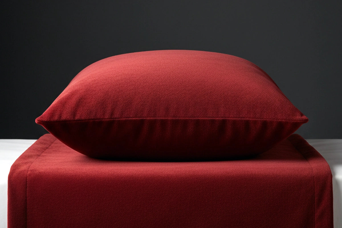 Red chenille scatter cushion and runner, luxury hospitality bedding accessories by Linen and Co.