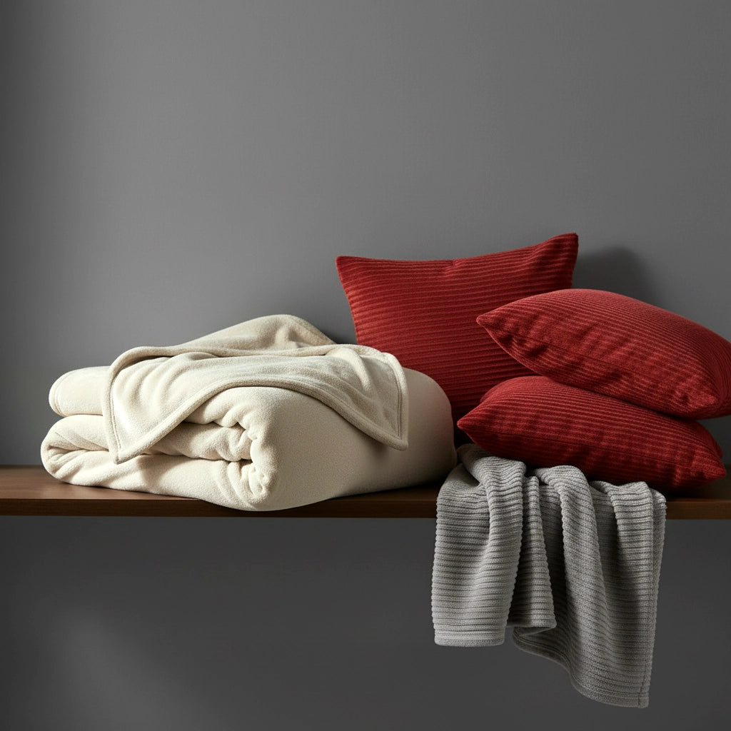 Layered bedroom styling with red chenille scatter cushions, grey chenille throw, and beige Lily blanket by Linen and Co.