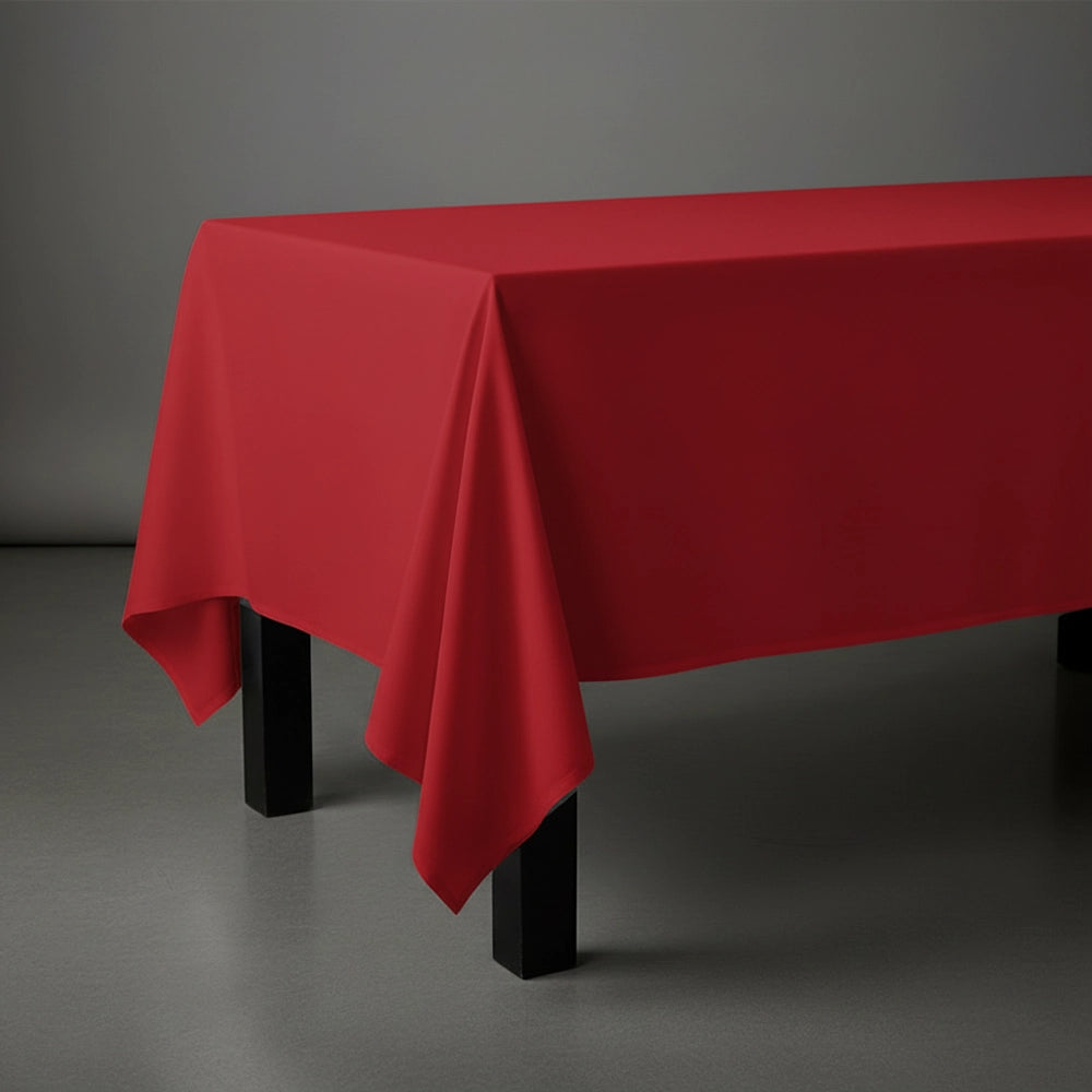 Red rectangle table cloth on wooden table by Linen and Co - premium hospitality table linen