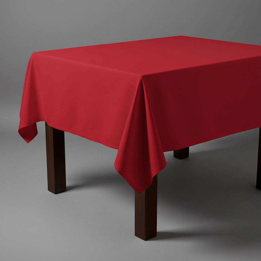 Red square table cloth on wooden table by Linen and Co - premium hospitality table linen