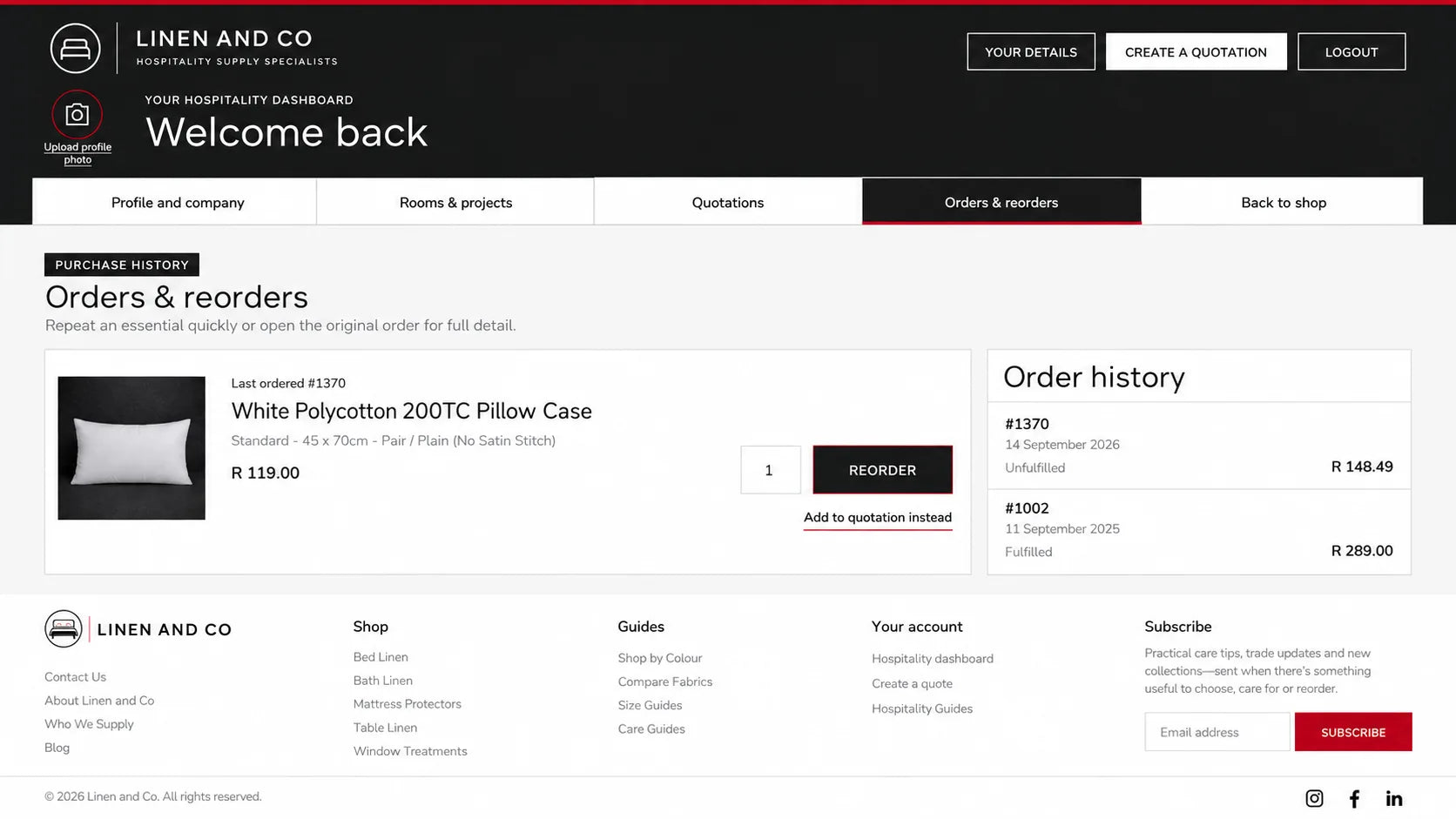 Linen and Co Hospitality orders and reorders dashboard