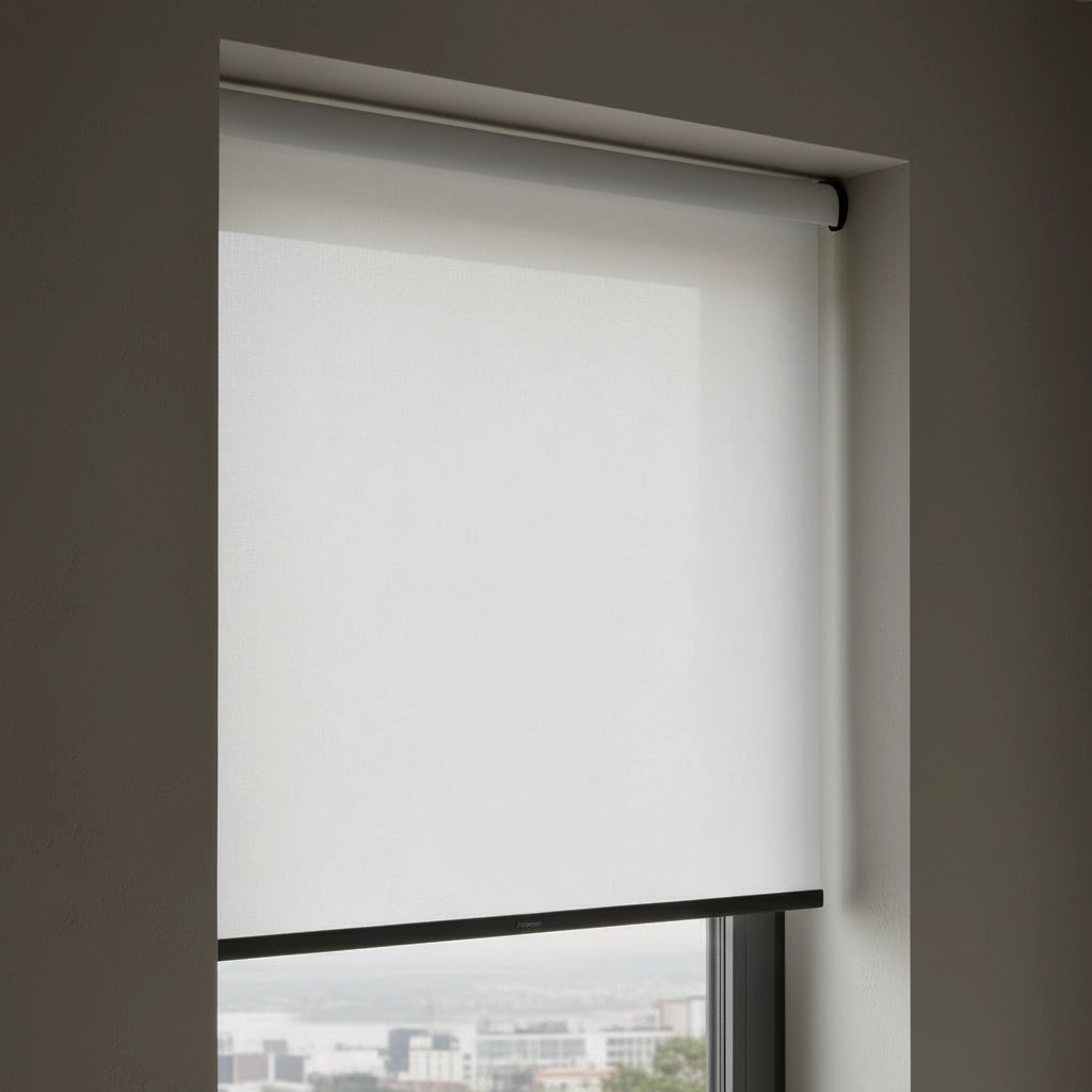 Roller blind with blackout fabric in window by Linen and Co - custom sizing guide for luxury window treatments