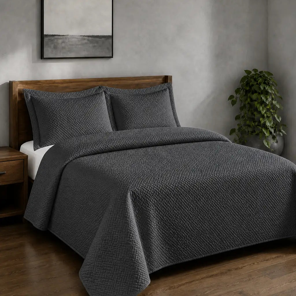 Charcoal Grey Rome Quilted Bedspread Set - Hero room view