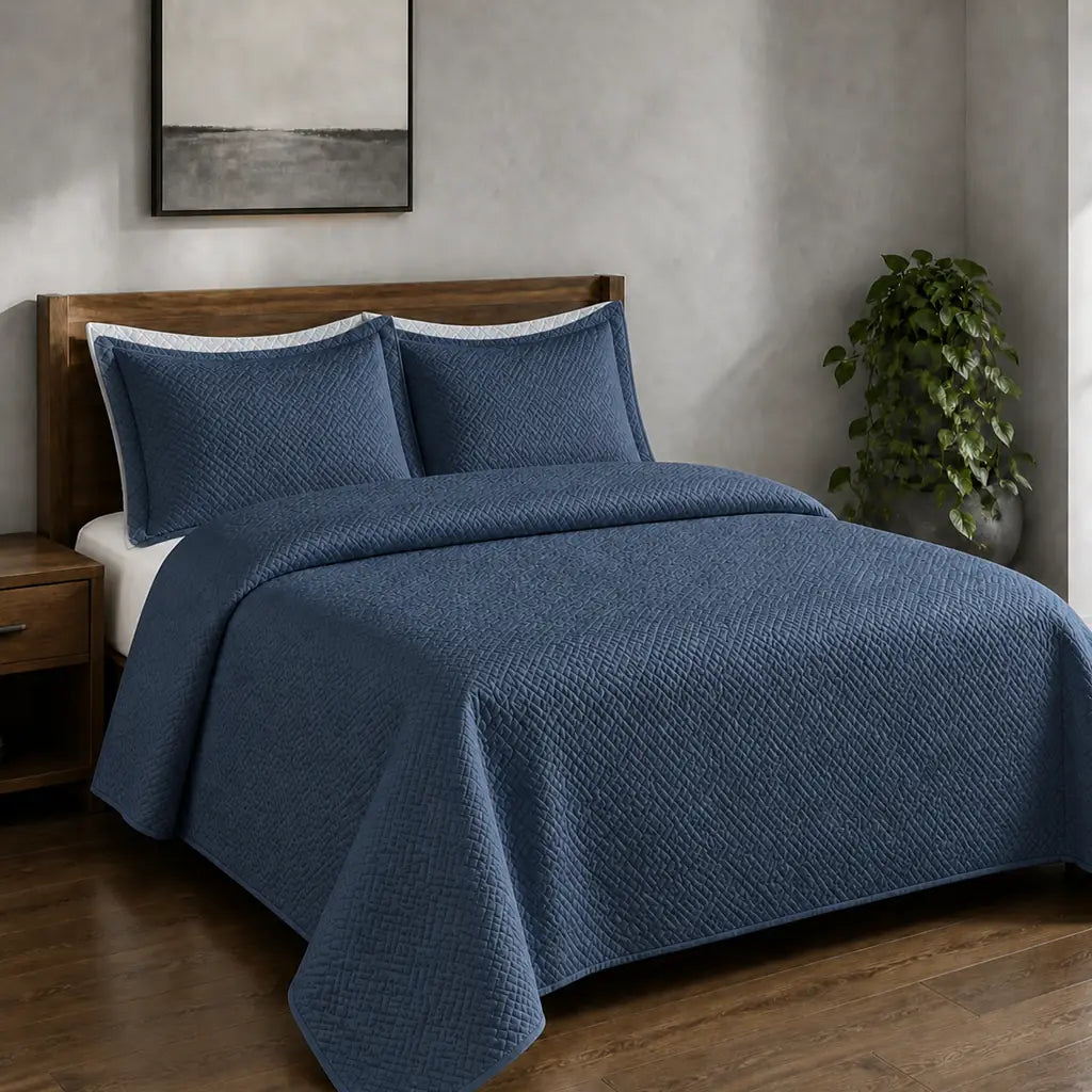 Denim Blue Rome Quilted Bedspread Set - Hero room view