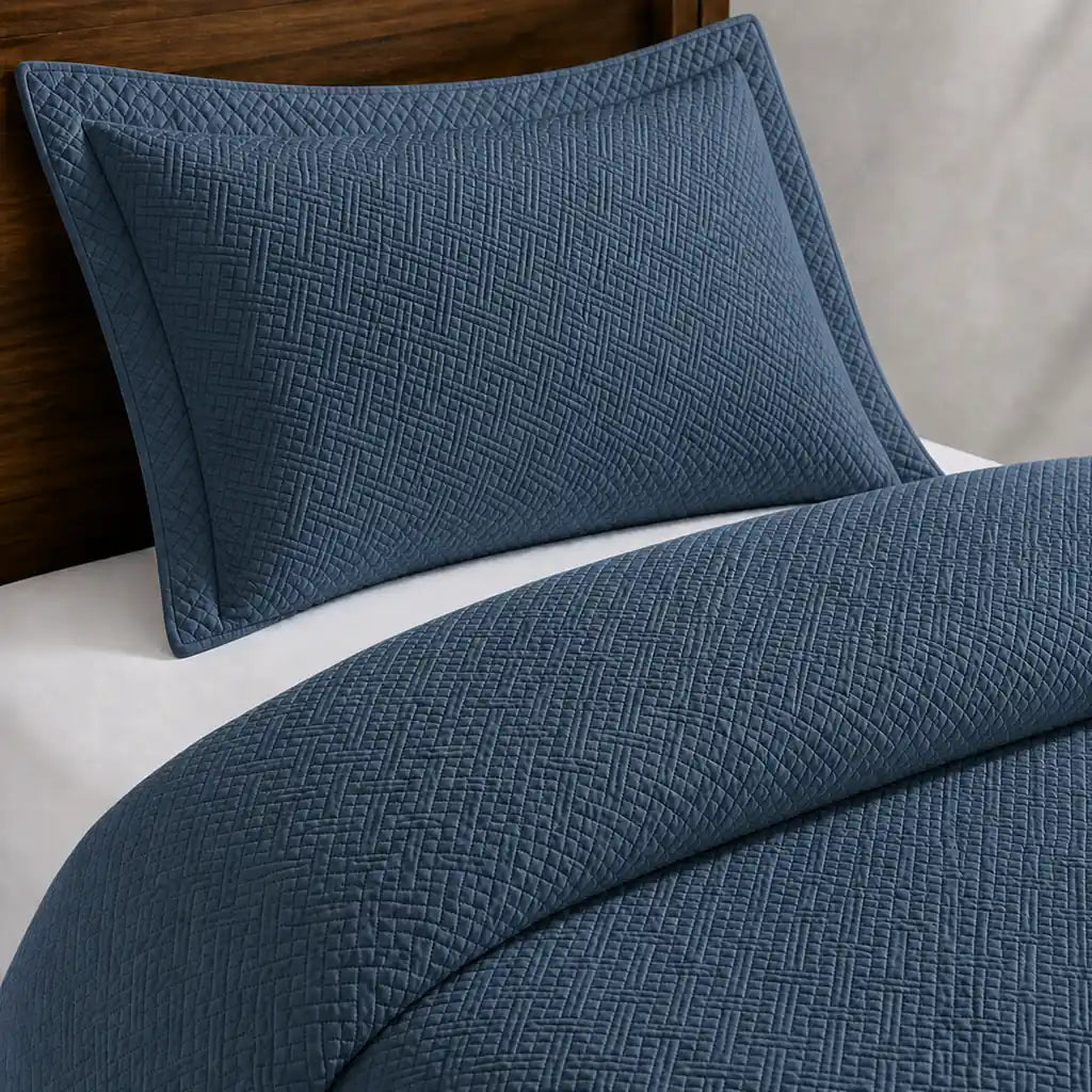 Denim Blue Rome Quilted Bedspread Set - Close-up detail