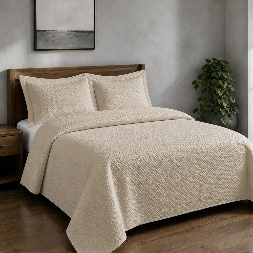 Natural Rome Quilted Bedspread Set - Hero room view