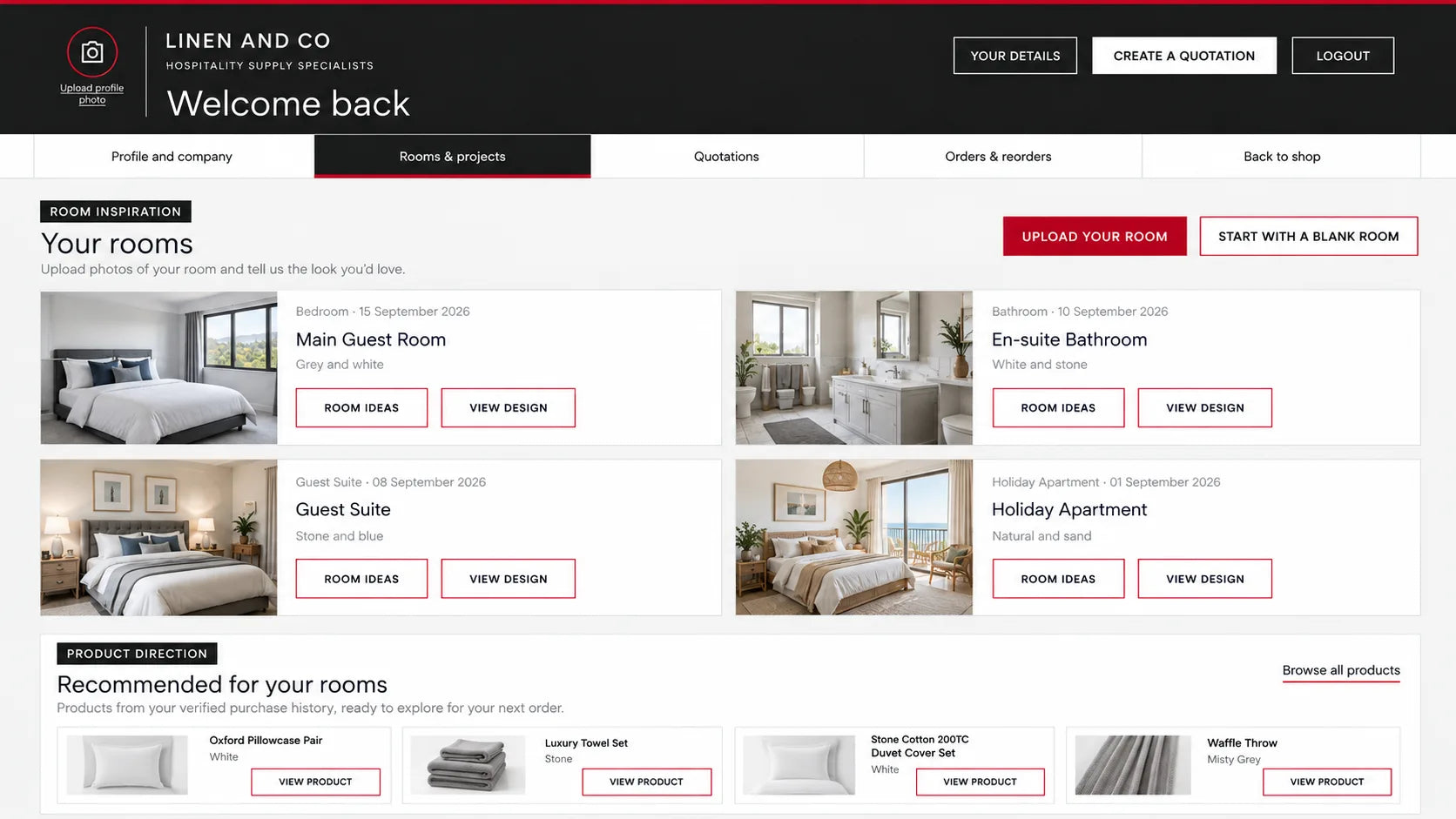Linen and Co hospitality room visualisation and product selection