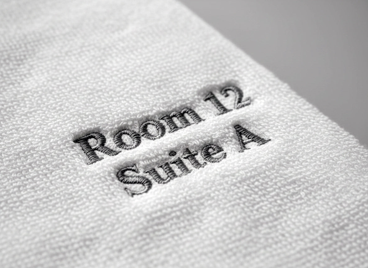Room names and numbers embroidery on premium white linen by Linen and Co - hospitality suite identification