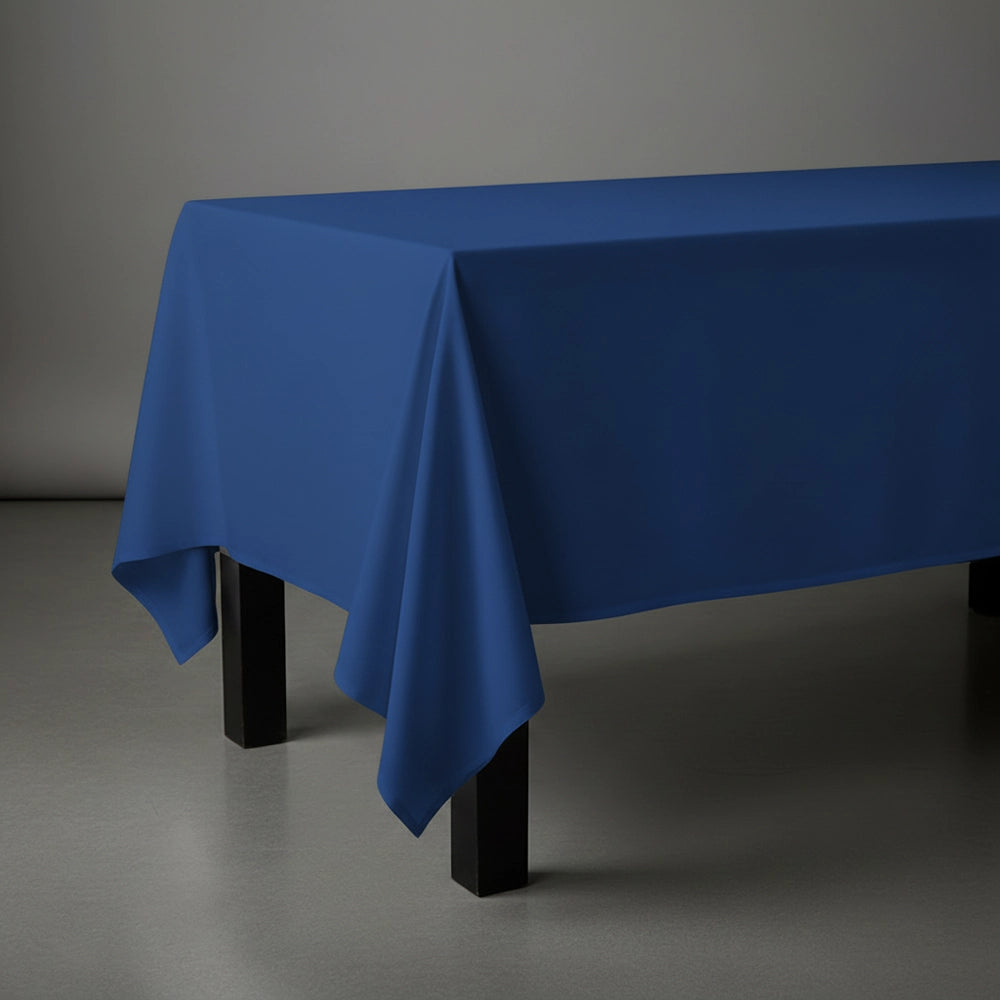 Royal Blue rectangle table cloth on wooden table by Linen and Co - premium hospitality table linen