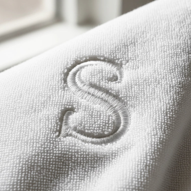 Custom logo embroidery on white towelling