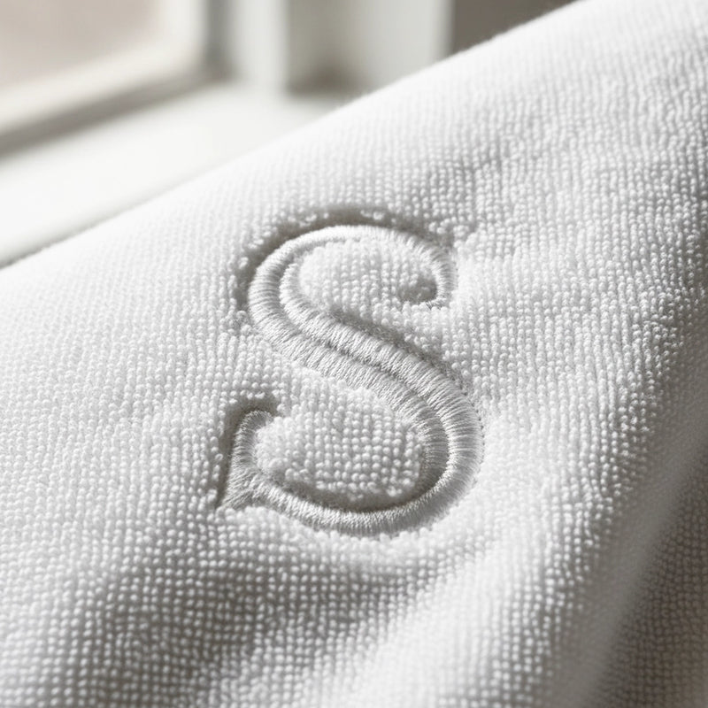 Custom logo embroidery on white towelling