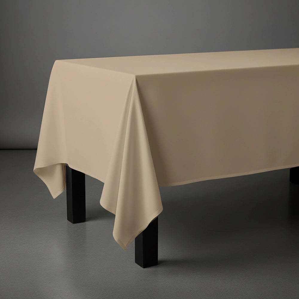 Sand rectangle table cloth on wooden table by Linen and Co - premium hospitality table linen