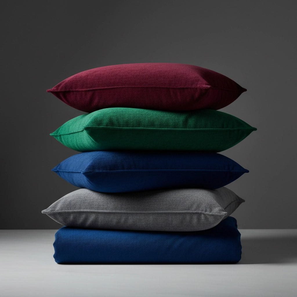 Stacked scatter cushions in grey, burgundy, navy, and forest green with matching bed runner by Linen and Co - luxury bedding accessories collection