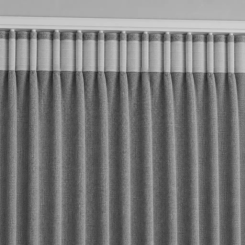 Close-up of Celeste Greystone blockout taped curtain fabric by Silk House for Linen & Co
